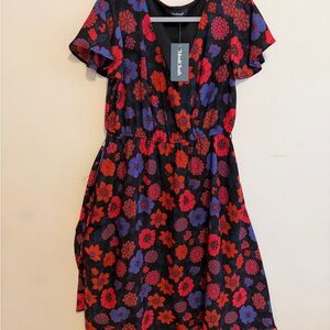 Modcloth Black Dress with Red and Blue Floral Pattern